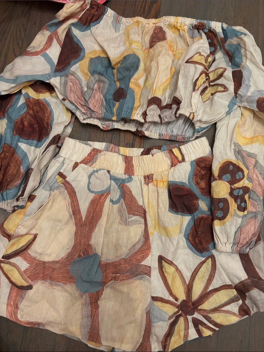 Two-Piece Floral Crop Top & Skirt Set in Cream, Brown, Blue, Yellow